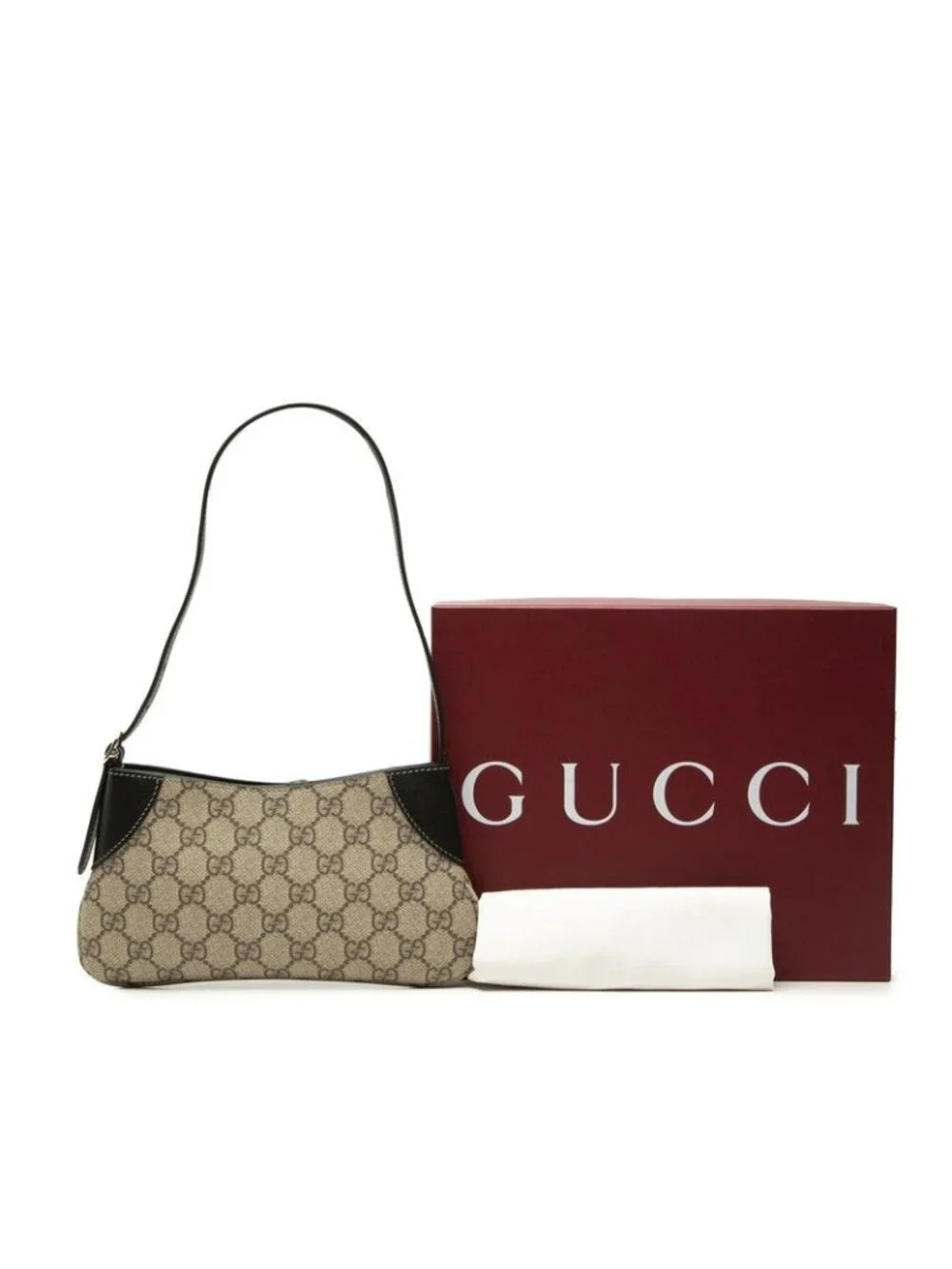 Gucci GG Emblem Supreme Handbag Bag Beige Black Leather